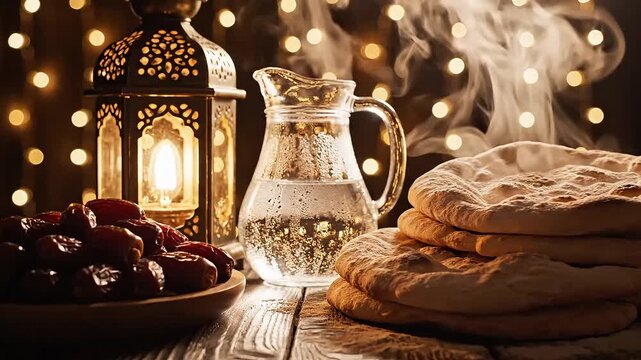 Traditional Ramadan setup with dates, water jug, and pita bread on wooden table