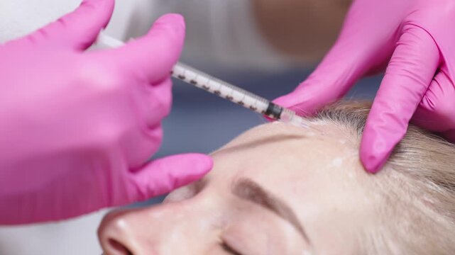 Skilled practitioner administers cosmetic treatment using a syringe on a woman's forehead, showcasing the precise application of dermal filler in a beauty clinic setting
