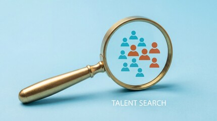 Magnifying glass focusing a group of people icons, symbolizing talent search, recruitment, and human resources concept a light blue background 4k video