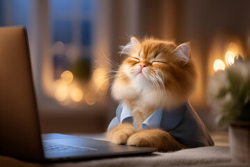 Funny Ginger Cat in Business Suit Working on Laptop at Home Office