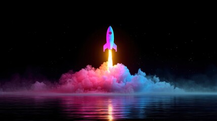 Fototapeta premium Vibrant rocket launch with colorful smoke over water against night sky.
