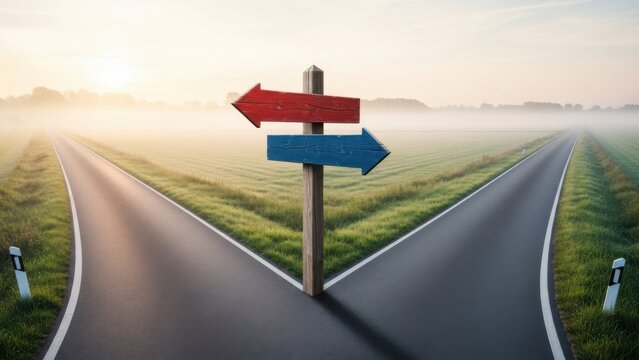 Crossroads highway with red and blue direction signs