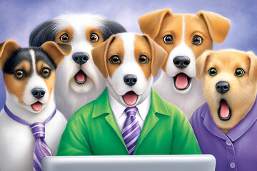 Group of cartoon dogs in suits expressing surprise at computer screen
