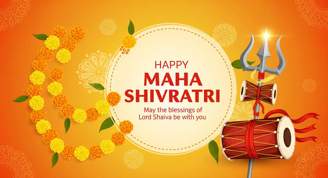 Greeting card with trishula, damru, bilva leaves and floral garland (with zendu flowers) for Maha Shivratri, a Hindu festival celebrated of Lord Shiva.