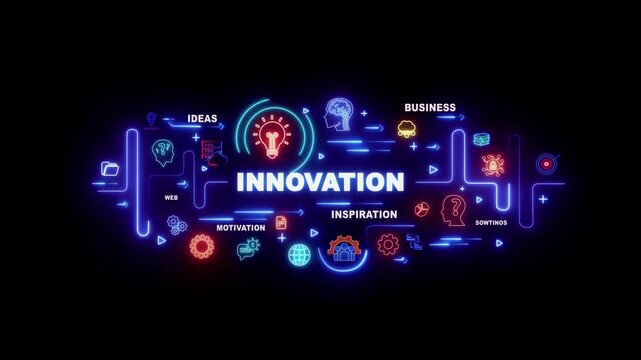 Neon light flowchart with the word INOVATION in the center illustrating business idea generation and process