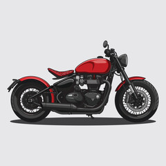 Obraz premium Vector illustration of a red vintage custom motorcycle in classic cafe racer style with detailed engine, spoked wheels, and retro design