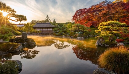 a serene japanese garden bathed in morning sunlight