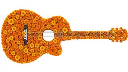 Floral guitar made of chrysanthemum flowers on a white background, minimal design with spacious empty area.
