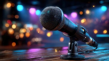 Professional microphone on stage with colorful lights shining