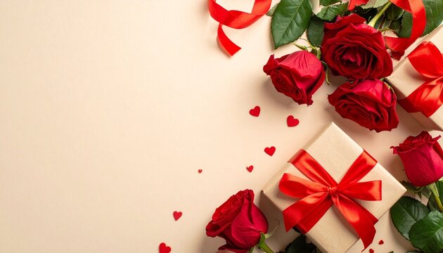 Romantic flat lay with red roses, heart decorations, and gift boxes with red ribbons on beige background.