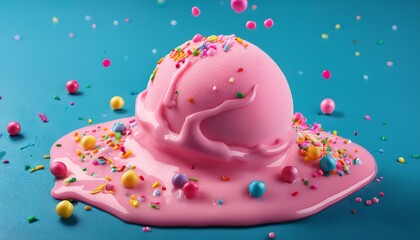pink ice cream melted with colorful cute candy sprinkles