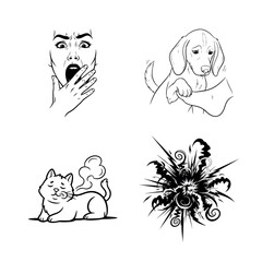 A person showing shock or surprise with their hands on their face along with a dog, a cat, and a dramatic abstract design.