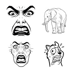 A collection of expressive black-and-white illustrations featuring a human face, an elephant, and cartoon characters expressing fear and surprise