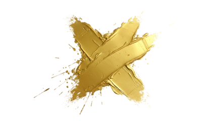 Gold paint brush stroke in shape of x isolated on transparent background