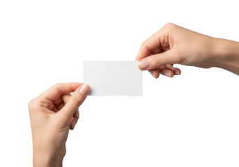Obraz premium isolated caucasian female hands holding a blank white business card with realistic torn edges, ultra detailed macro shot on a solid transparent background. concept for professional advertising mockups