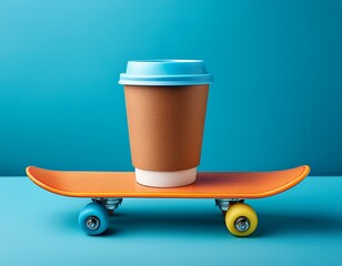 creative coffee cup on skateboard against vibrant blue background for unique marketing concepts