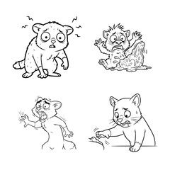 A set of four cartoon animals expressing different emotions and behaviors, such as anger, frustration, and sadness, illustrated in black-and-white line art