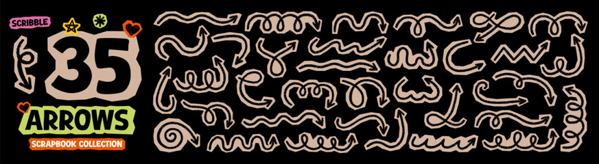 Scrapbook crayon arrows doodle set. Chalk pencil swirls, cutout squiggly direction pointers in sketch style, Grunge texture. Hand drawn vector illustration isolated on black background