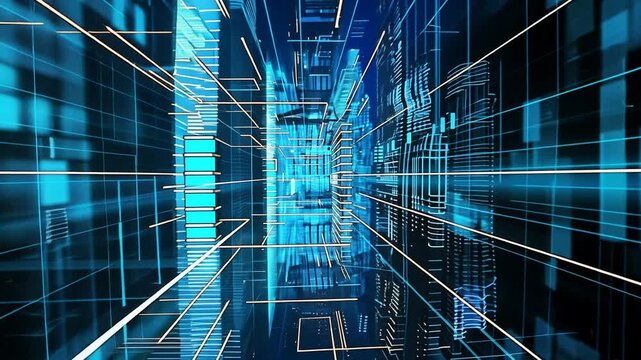 Futuristic grid pattern displays glowing blue lines and rectangles in a digital tunnel.