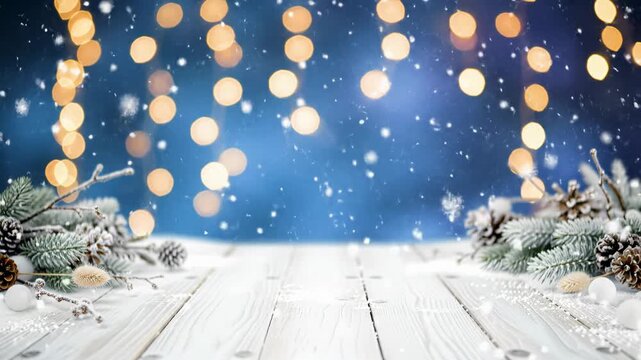 Slow push-in video: snow-dusted rustic wood, frosted branches, soft textures. Falling snowflakes, blurred golden bokeh winter wonderland, premium seasonal marketing concept
