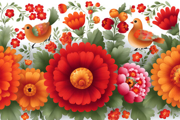 Vibrant floral pattern with birds for decorative design, modern style of Ukrainian Petrykivka painting