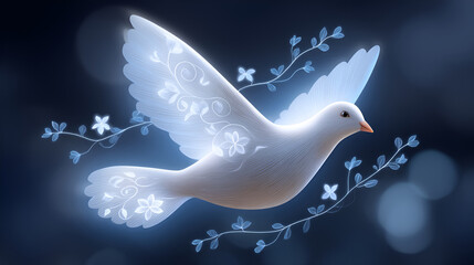 Elegant white dove with floral patterns on a soothing blue background