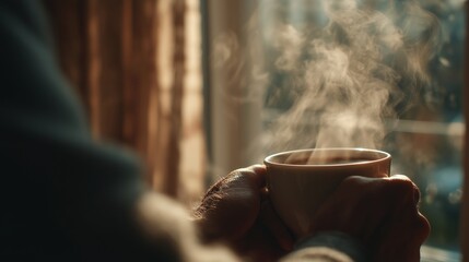 Steam rising from a warm cup held in hands near a window during morning light hours