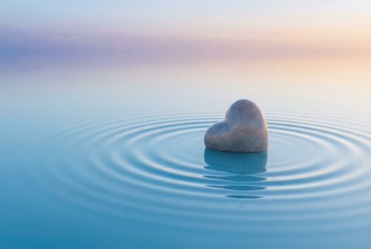 Smooth heart shaped stone resting on calm water surface with ripples at sunset rock pebble