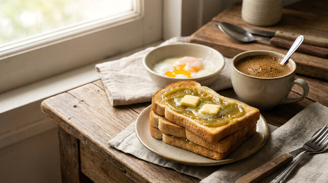Delicious Kaya Toast with Soft-Boiled Egg and Coffee for a Cozy Morning Breakfast