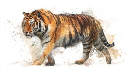 Naklejka premium Majestic tiger in watercolor art with splattered paint effect.
