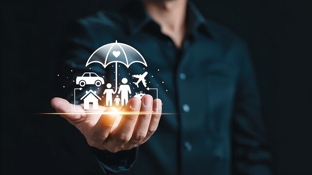 Hand holding umbrella protecting family, house, car, airplane icons, symbolizing insurance protection coverage financial security risk management safety services family wellbeing