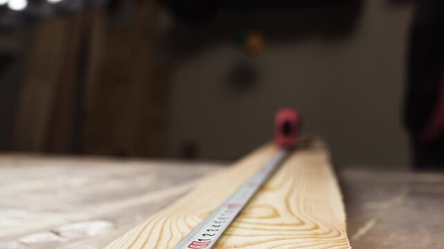 Close up of carpenter hand in glove marking wood with pencil and tape measure.