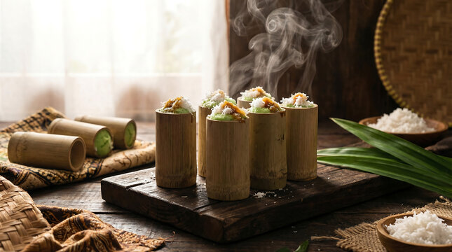Steaming Putu Bambu Desserts Served in Bamboo Cups with Sweet Toppings on a Rustic Wooden Board