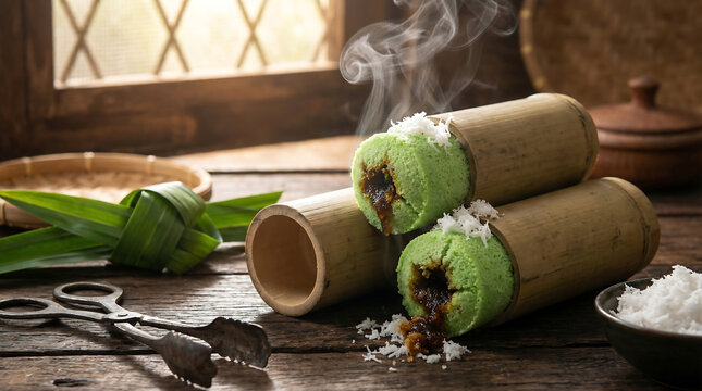 Steaming Putu Bambu Indonesian Dessert with Coconut Shreds and Palm Sugar Filling