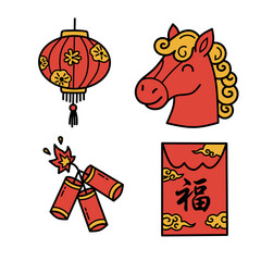 Fototapeta premium Chinese New Year 2026 Festival Elements. Flat Color Illustration of Horse Zodiac, Red Lantern, and Angpao Envelope.