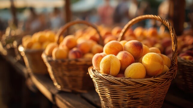 Fresh yellow peaches on display at an open-air market stall with wicker baskets and warm sunlight - Powered by Adobe