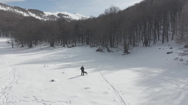 Aerial view of a woman hiking with her Czechoslovakian Wolfdog in a snowy mountain valley, Abruzzo National Park, Italy. High angle drone shot of winter outdoor adventure.