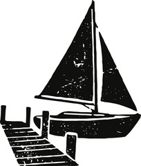 Fototapeta premium Sailboat docked at wooden pier silhouette with textured vintage and weathered effect design
