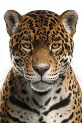 Obraz premium Front-facing jaguar portrait on white background with soft shadow â€“ photorealistic digital painting