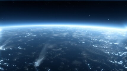 Planet Earth view from space with glowing blue atmosphere and curved horizon. Sunrise over the globe with clouds and ocean. Copy space for text