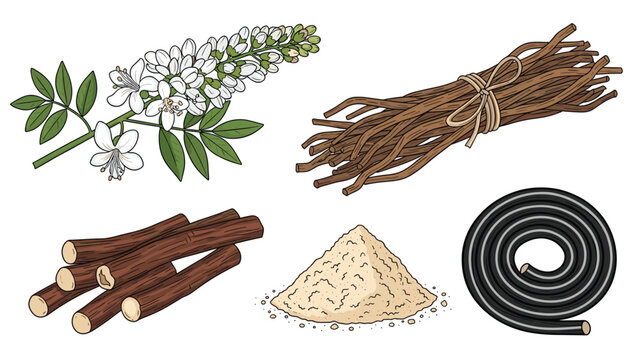 Detailed botanical study of the licorice plant includes accurate drawings of flowers, leaves, roots, fine powder, and candy coils.