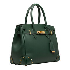 Elegant dark green leather handbag with gold hardware isolated on transparent background