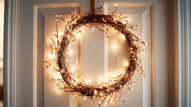 A glowing Christmas wreath hangs on a white door with warm lights.
