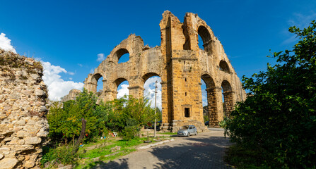 Aspendos Aerial panoramic view of the Roman aqueduct that served the ancient city. Aqueducts in the land of Aspendos in Antalya. Aerial panoramic view of the Roman aqueduct that served the  area of Ma
