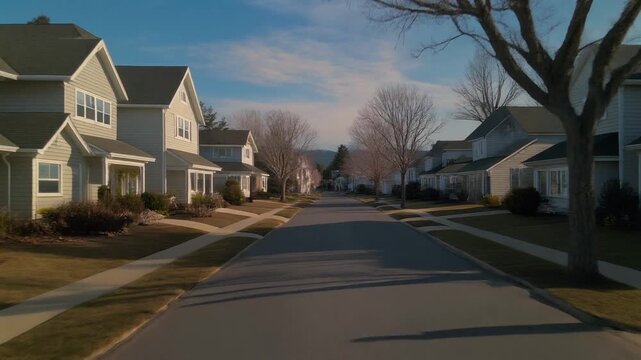 "Peaceful suburban street, modern two-story homes, leafless trees, soft light, residential neighborhood view"