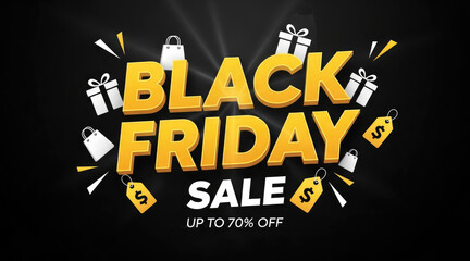 Black Friday Sale concept banner with yellow white text, gift icons and price tags on a dark background.