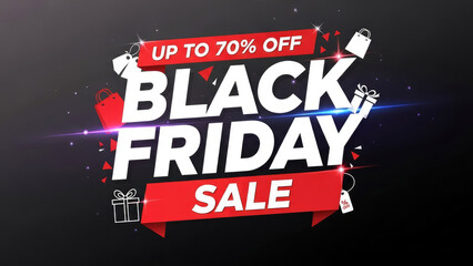 Black Friday Sale concept banner with white text, gift icons and price tags on a dark background.	