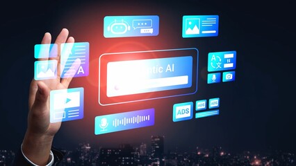 Futuristic Interface Showcasing Hand Interacting with Digital Elements and Concepts of Artificial Intelligence in a Night Cityscape Environment Gluon.