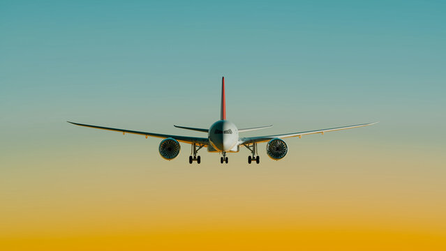 Commercial airplane approaches landing during sunset at busy airport