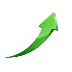 Glossy green upward arrow showing growth and progress isolated on transparent background